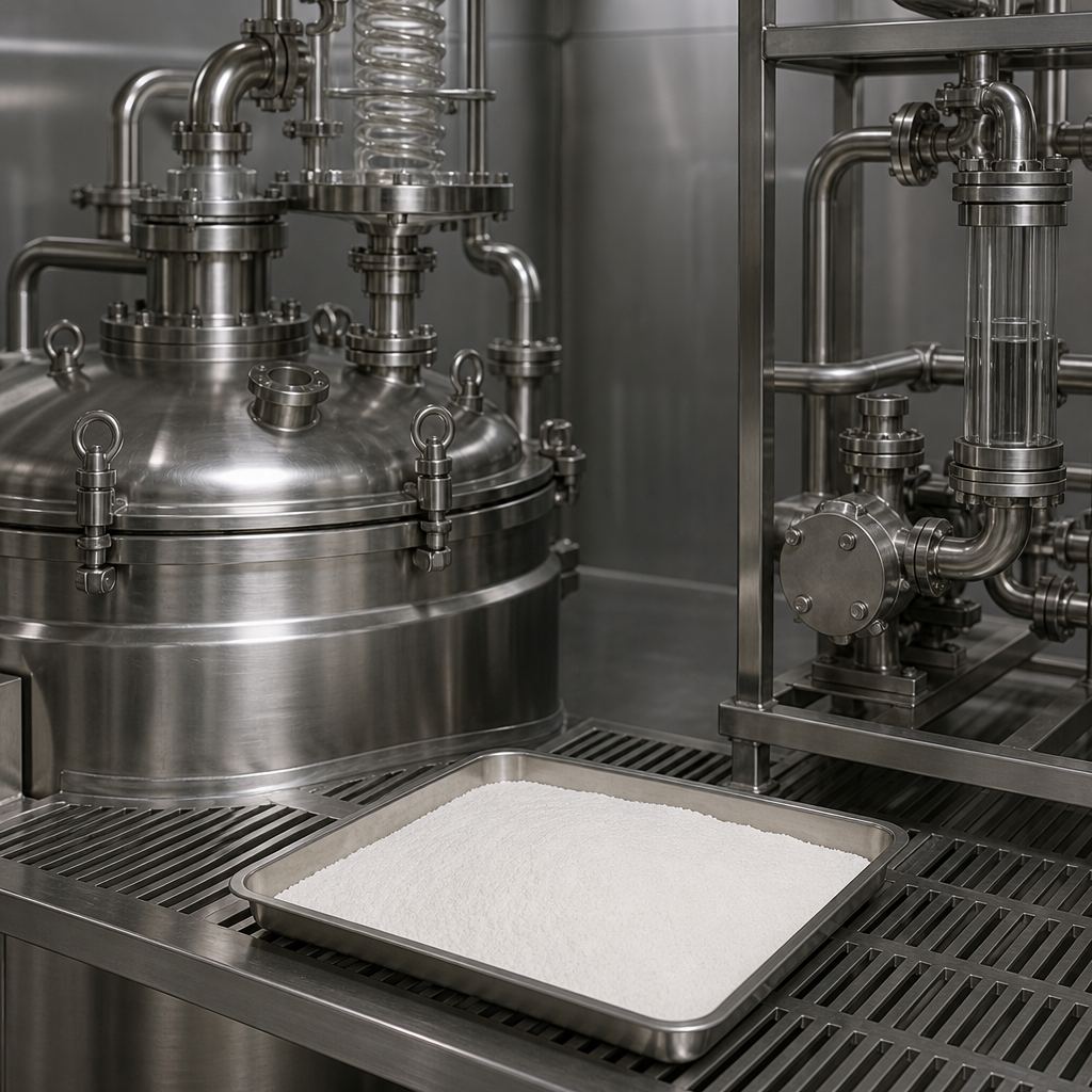 Powder tray beside a jacketed reaction vessel with an overhead condenser