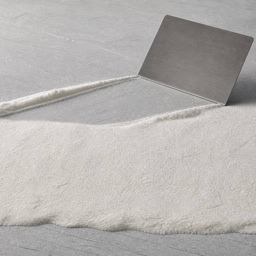 Matte white powder banked across a pale slate tile with a steel card