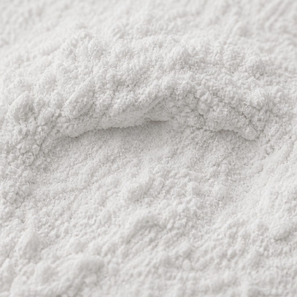 Matte amorphous white S-acetyl-L-glutathione powder texture close-up