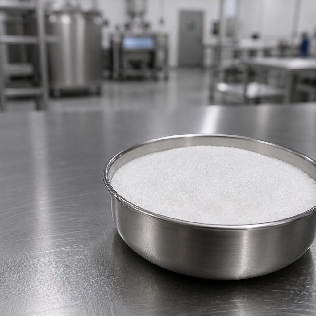 Ambroxide powder in an unmarked stainless steel bowl on a steel bench