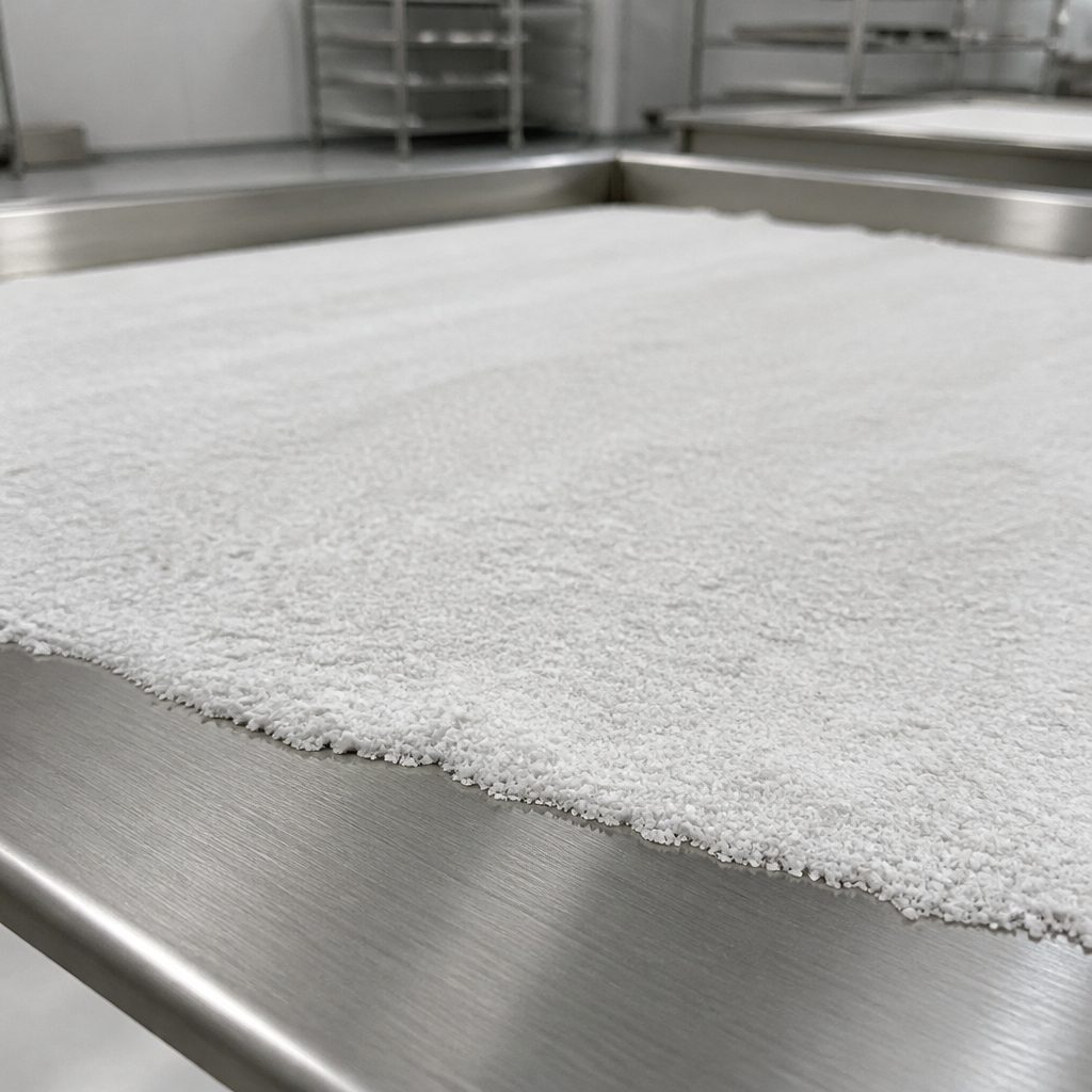 Amygdalin powder spread across a stainless steel drying tray
