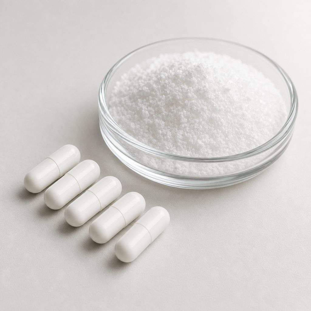 Amygdalin powder beside unbranded two-piece hard capsules