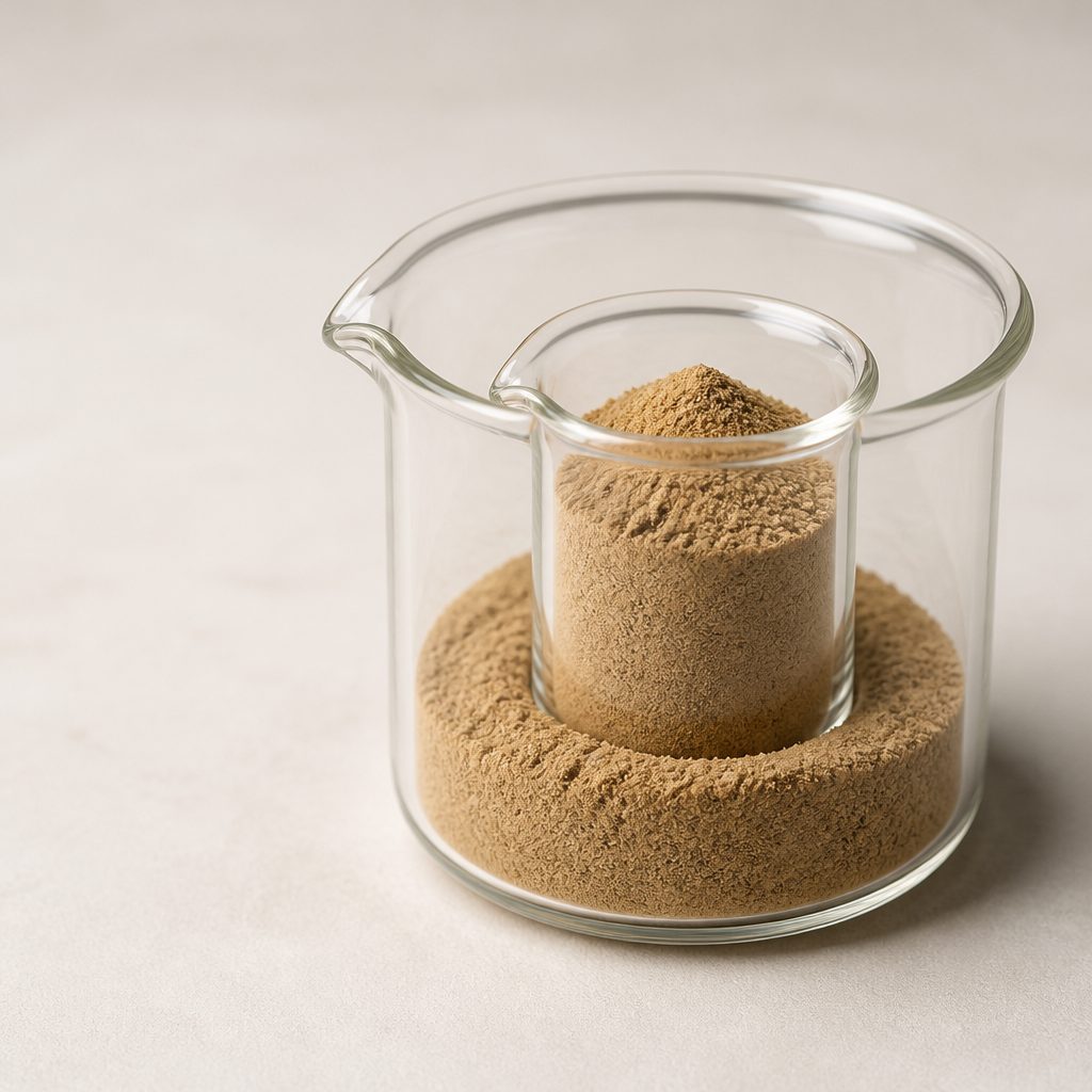 Areca seed extract powder in nested glass beakers