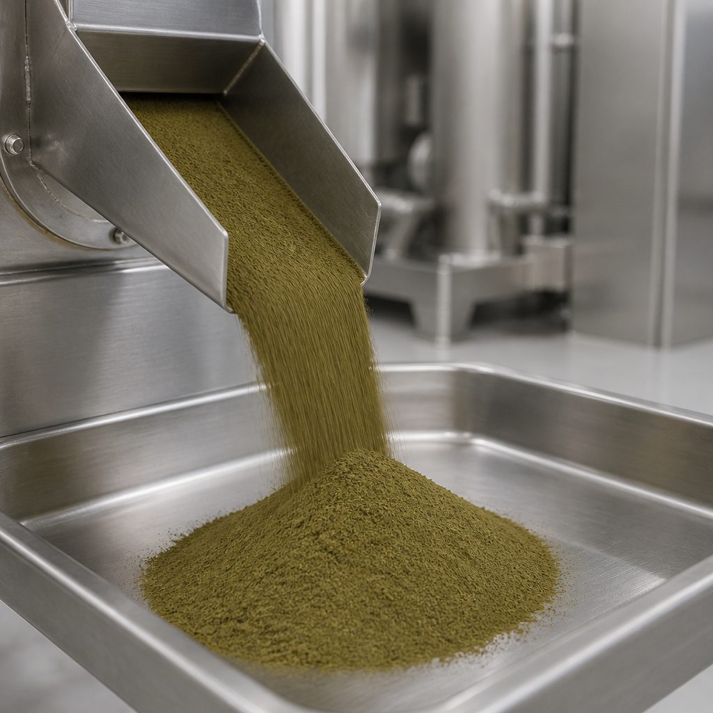 Artemisia extract powder flowing from a stainless steel chute