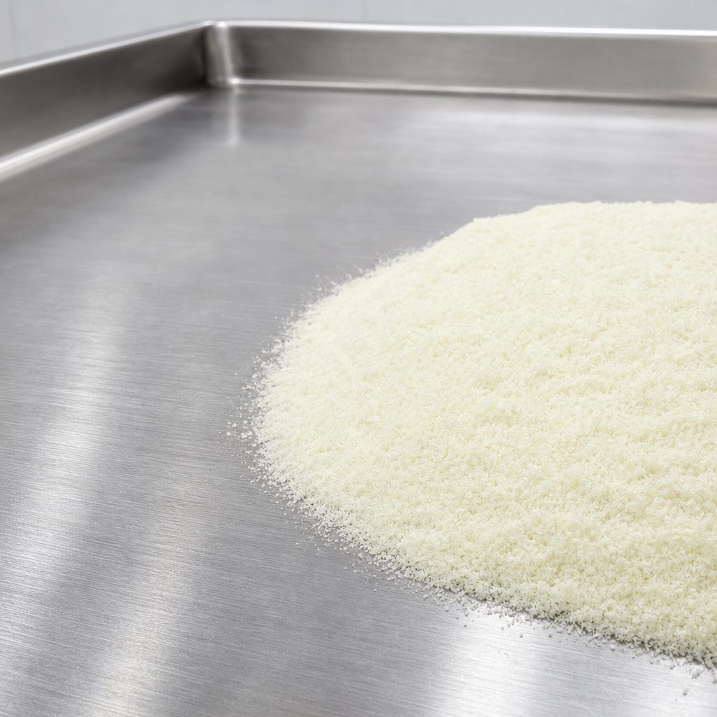 Astilbin powder swept across a stainless steel tray