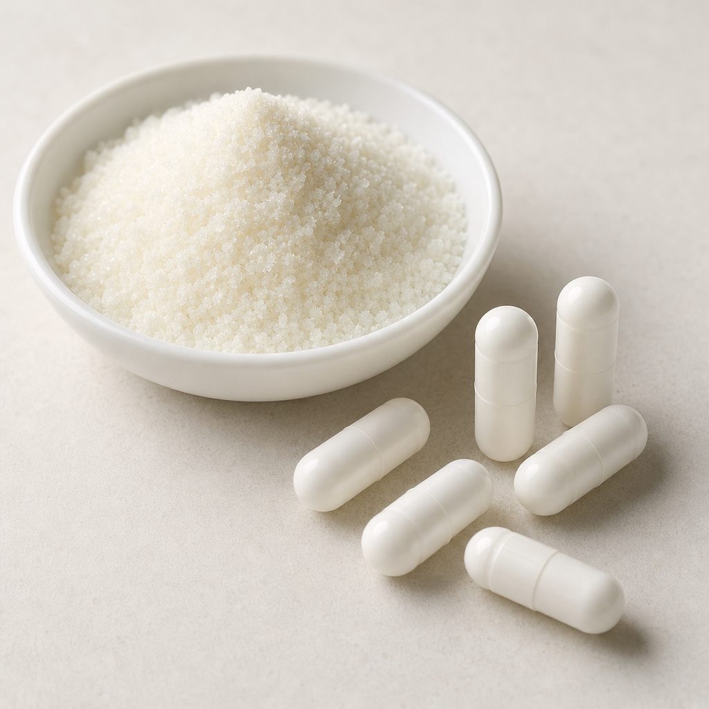 Astilbin powder beside a bowl of unbranded two-piece hard capsules