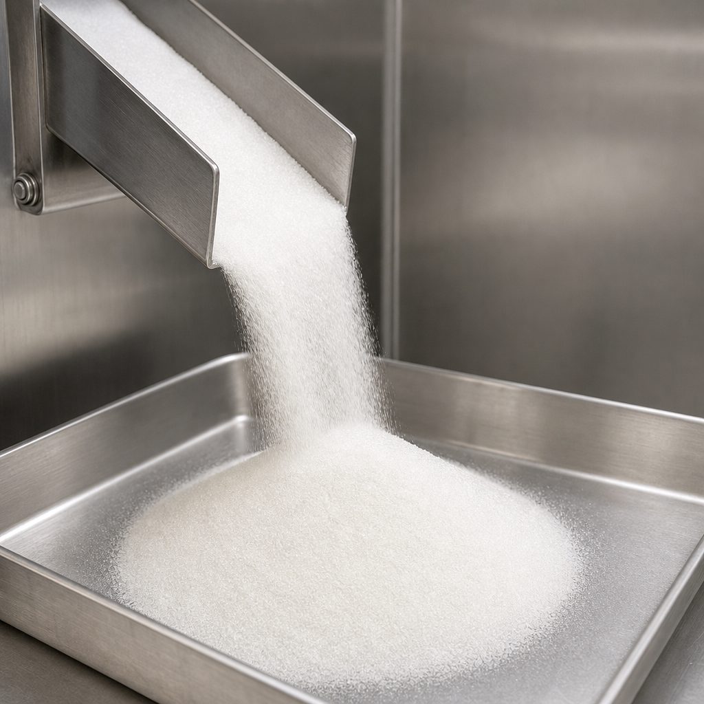 Astragaloside IV powder flowing from a stainless steel chute onto a drying tray