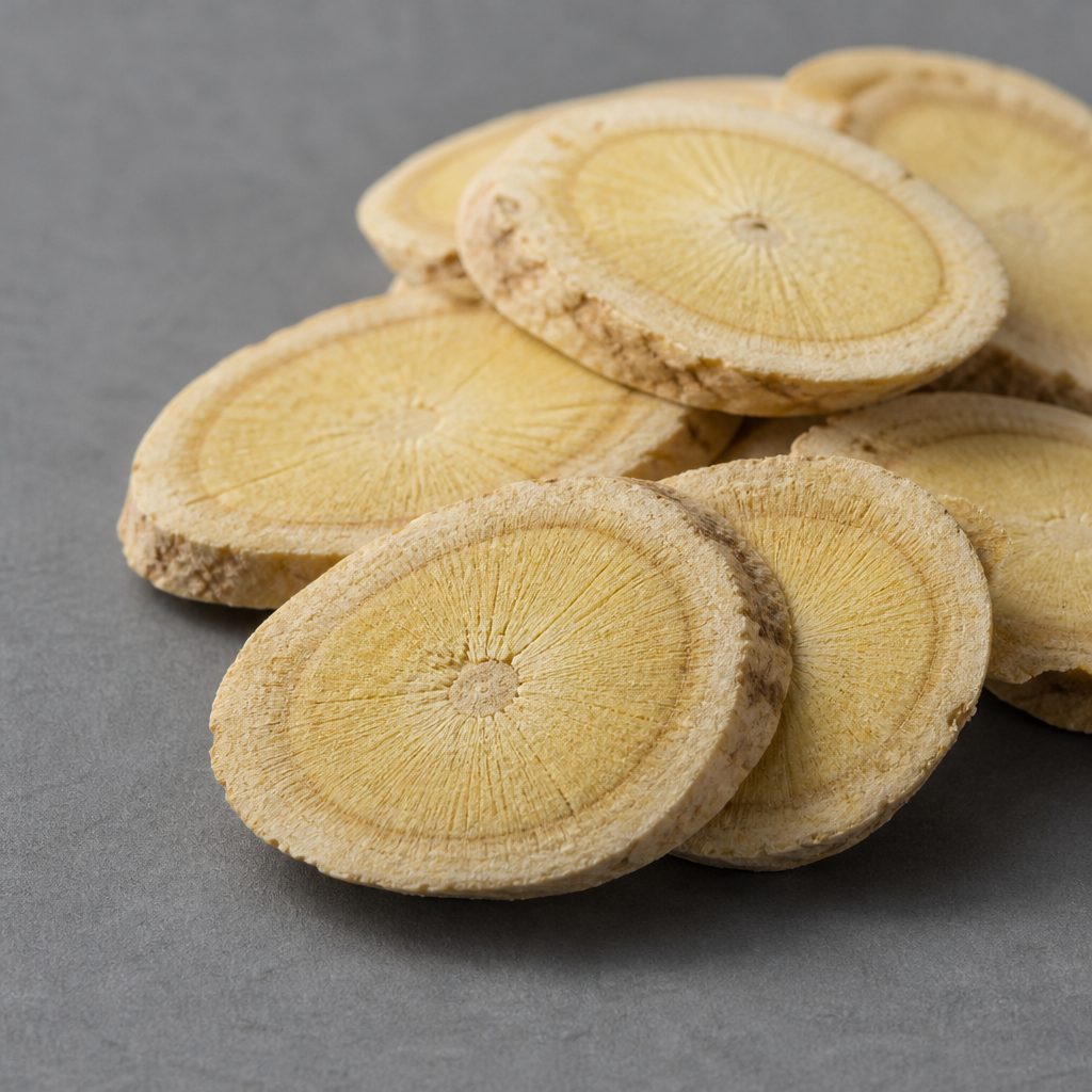 Dried astragalus root cross-section slices raw material
