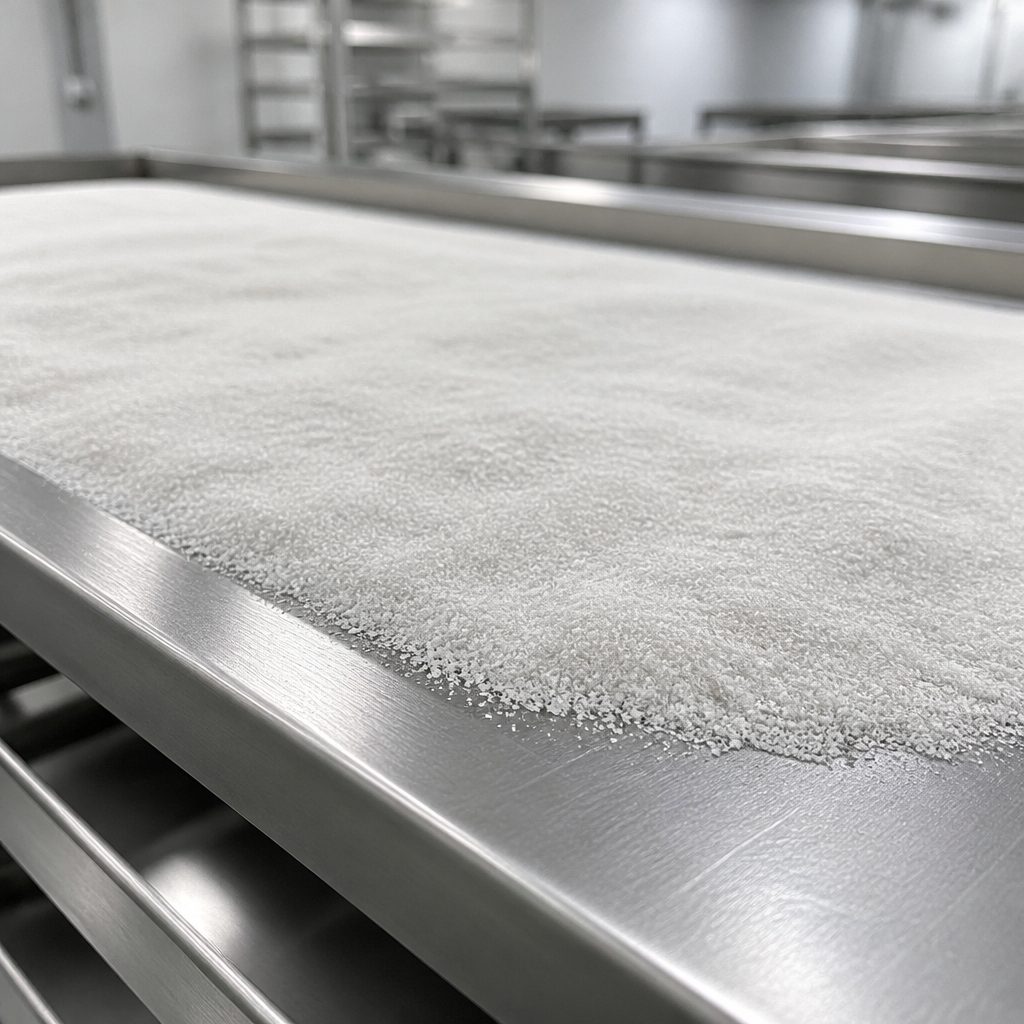 ATP disodium crystalline powder bed on a stainless steel drying tray