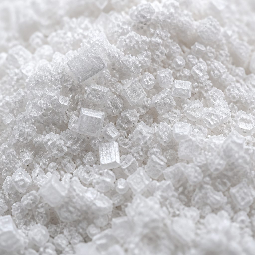 Cool white ATP disodium crystalline powder texture close-up