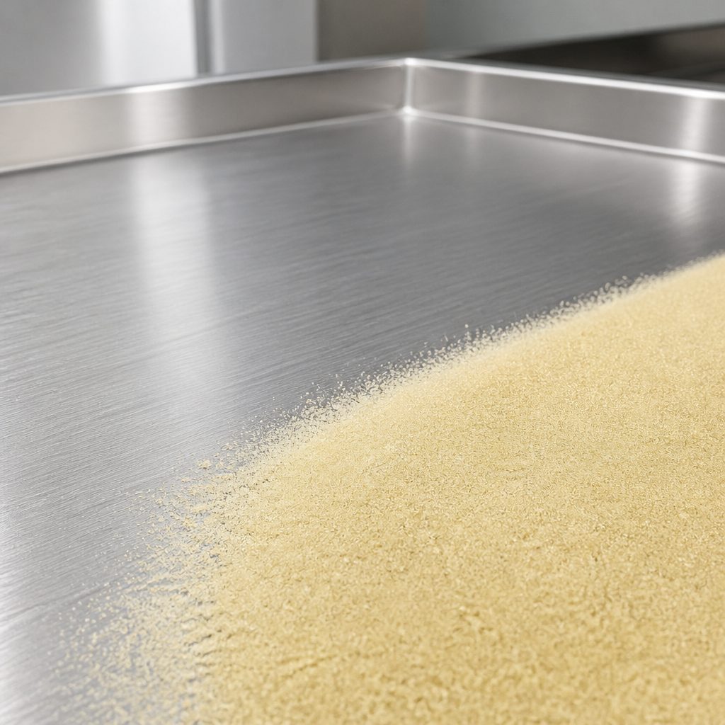 Caffeic acid powder swept across a stainless steel tray