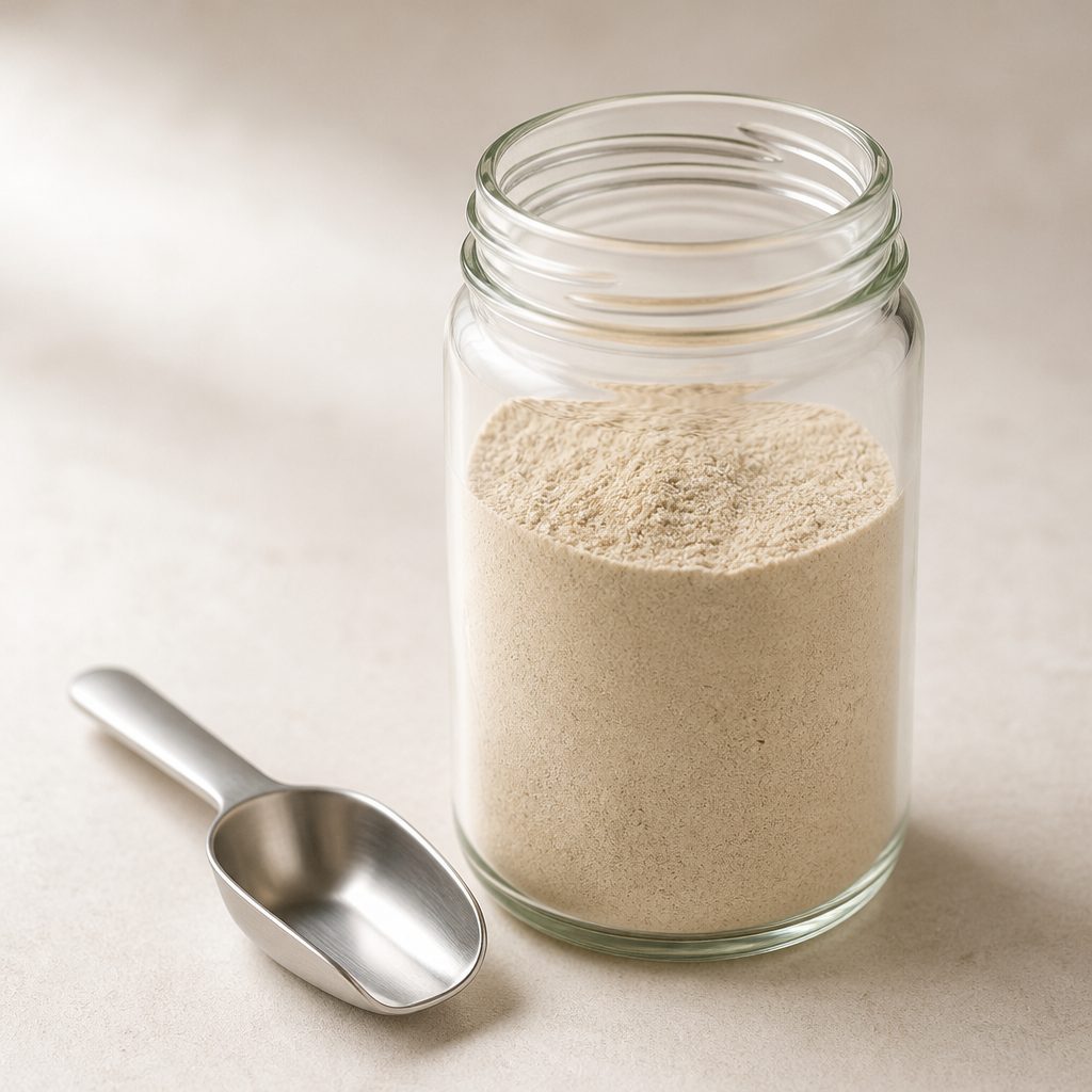 Canavalia seed extract powder in a glass jar with an unmarked steel scoop