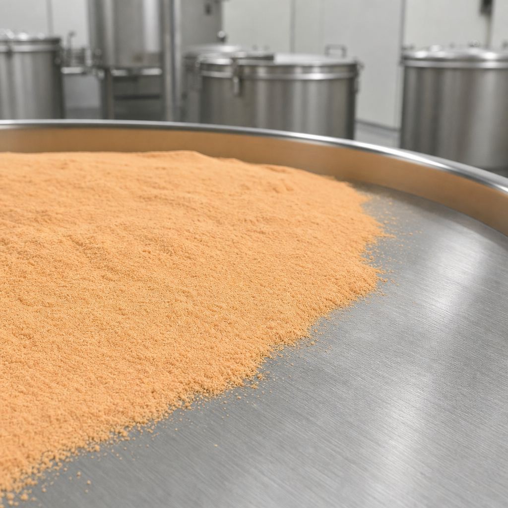 Cantaloupe powder on a stainless steel drum top