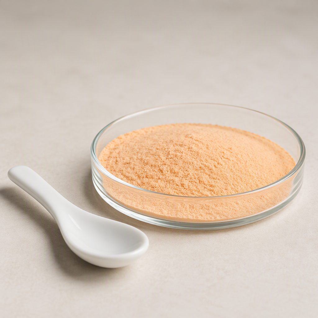 Cantaloupe powder in a glass dish with a white ceramic spoon