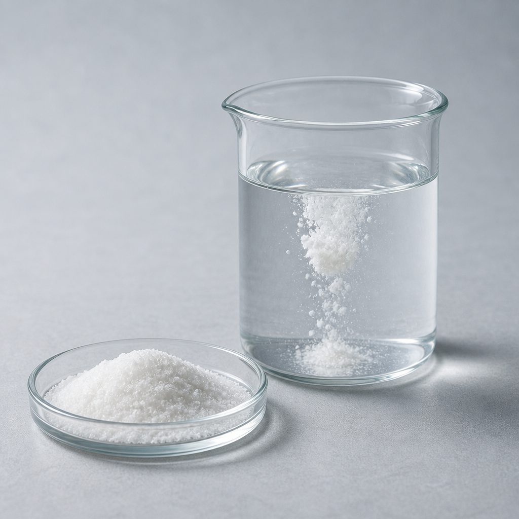 Capsaicin powder dissolving in a beaker of water beside a dish of the dry powder