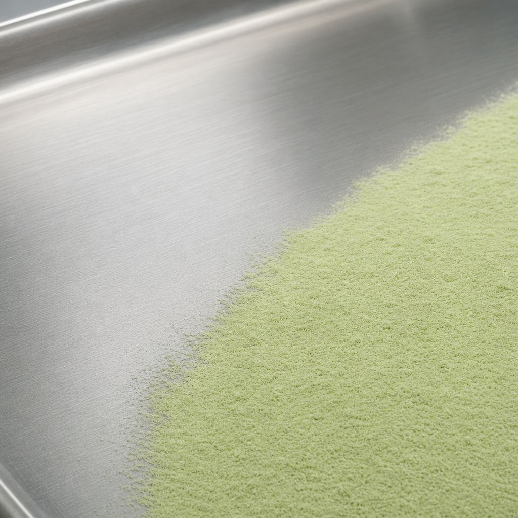 Celery powder swept across a stainless steel tray