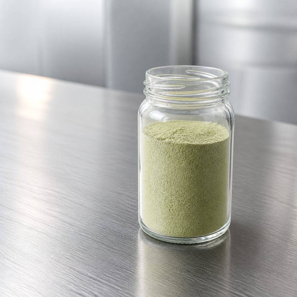 Celery powder in a glass jar standing on a brushed steel surface