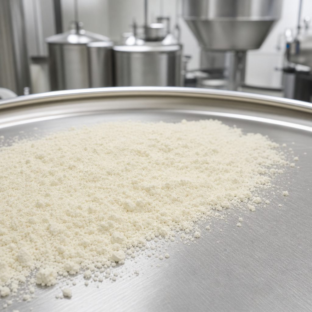 Ceramide powder on the stainless steel top of a production drum