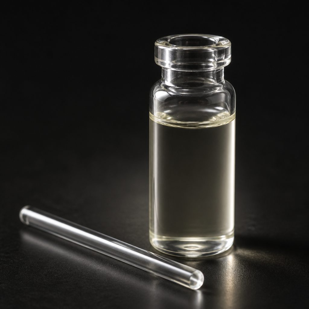 Cinnamaldehyde in a backlit glass vial with a glass rod in front