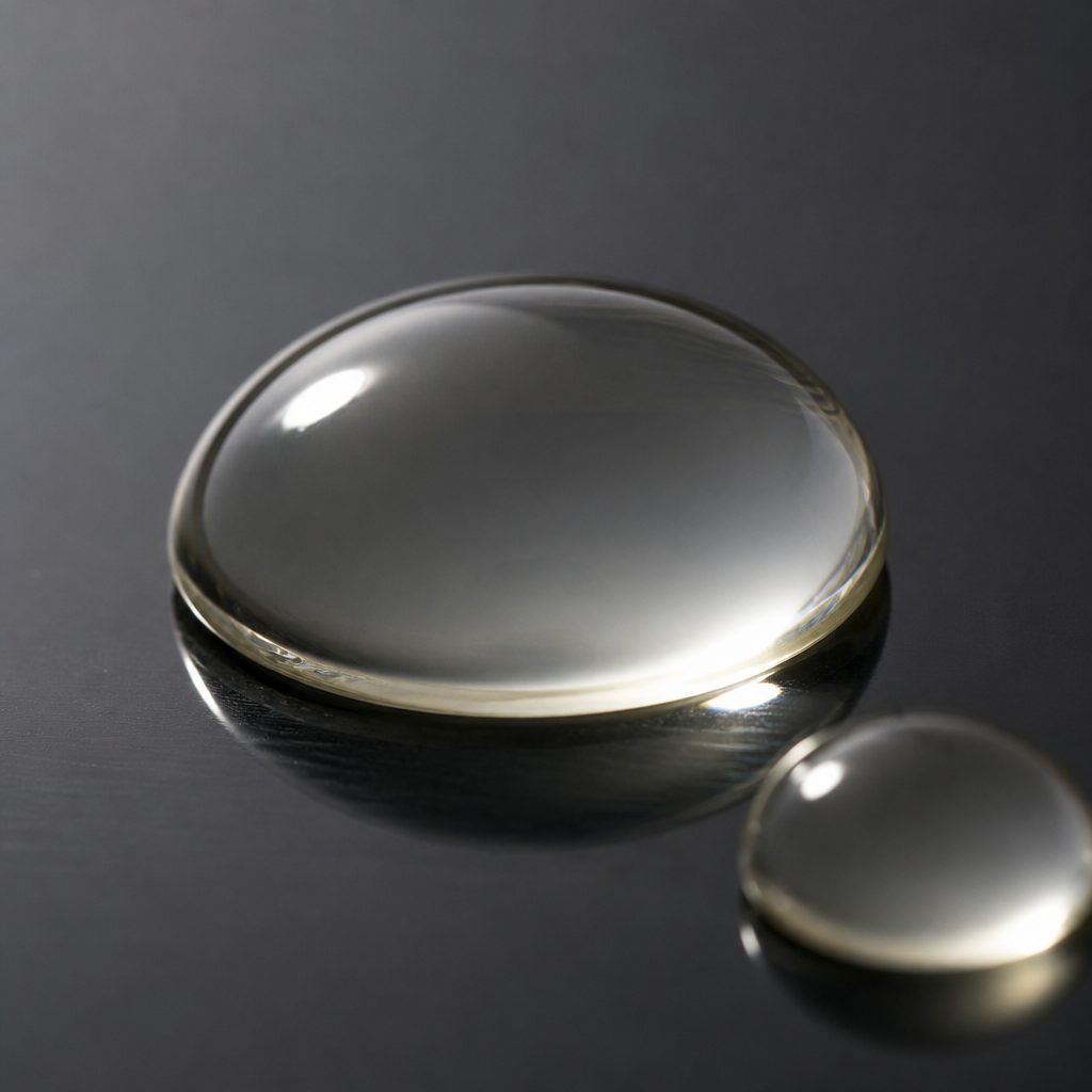 A drop of clear pale yellow cinnamaldehyde beading on dark glass