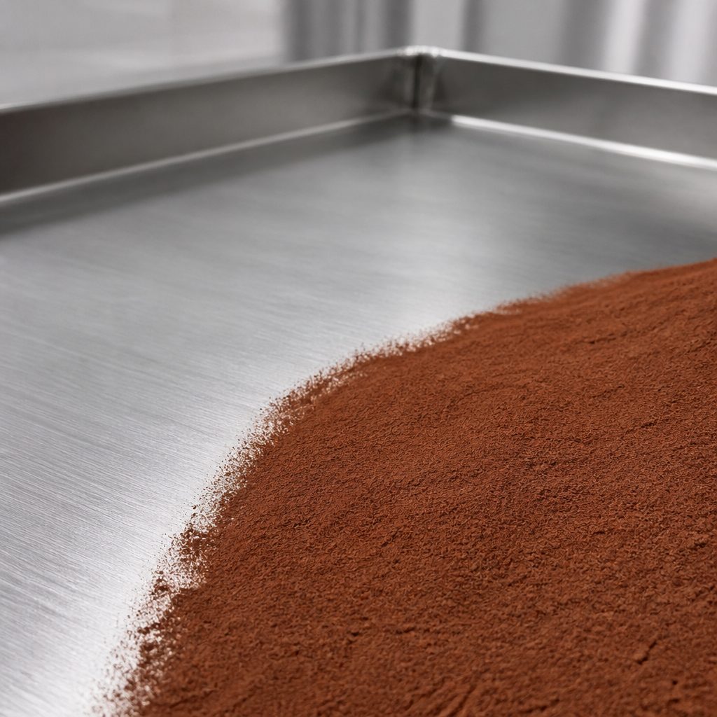 Cinnamon extract powder swept across a stainless steel tray