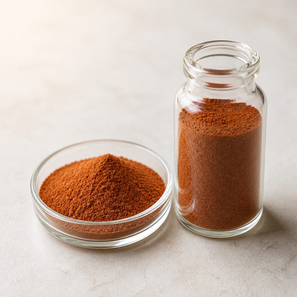 Cinnamon extract powder in a glass vial beside a small glass dish