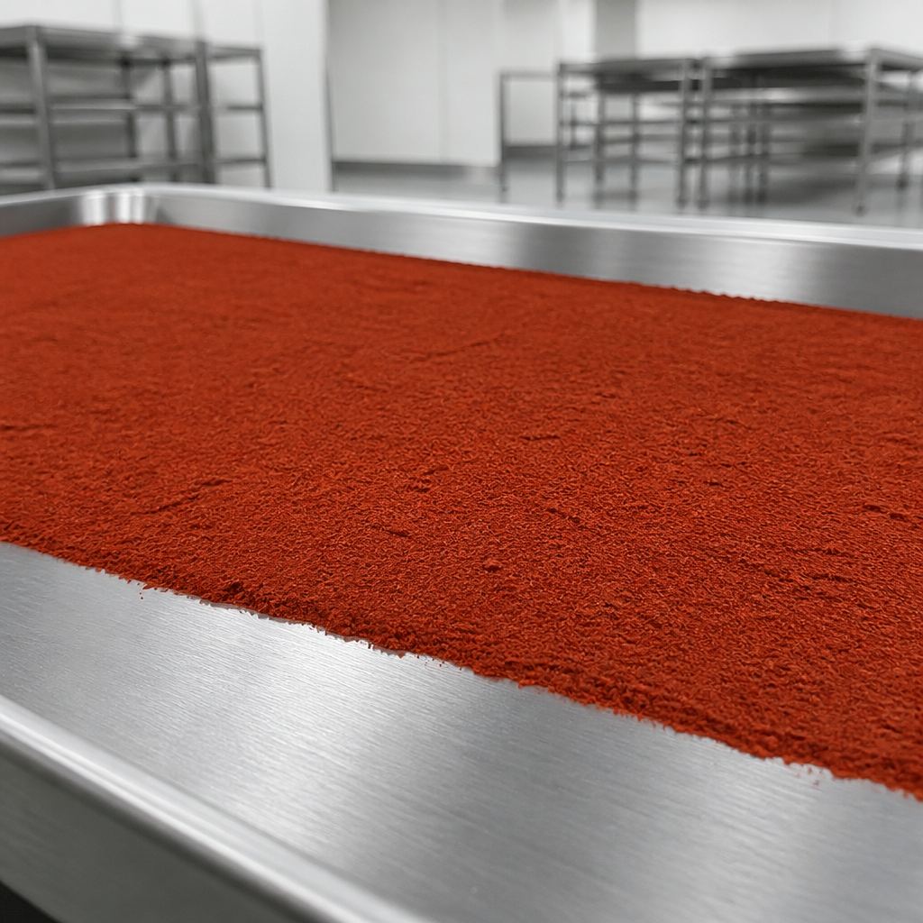 Cinnamon polyphenol powder bed on a stainless steel drying tray