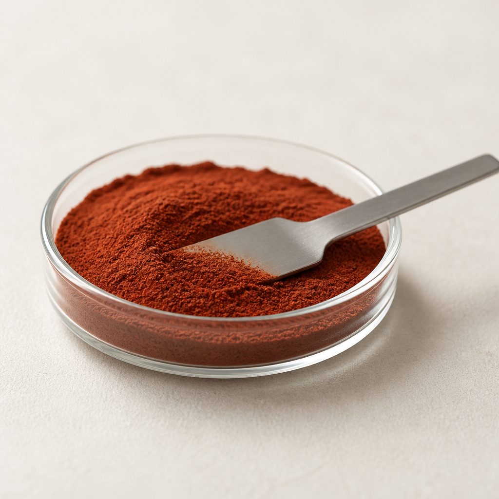 Cinnamon polyphenol powder in a glass dish with a spatula buried in the powder
