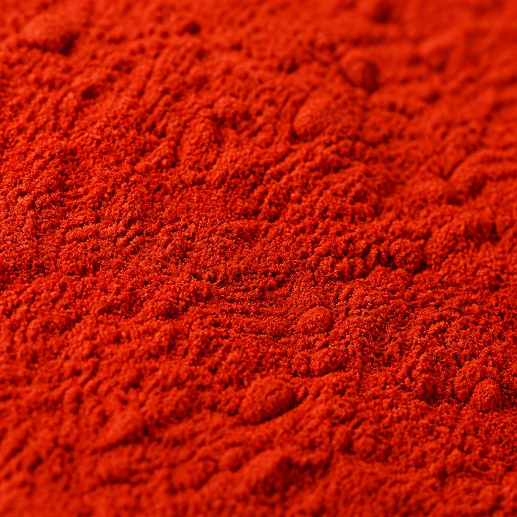 Saturated brick-red cinnamon polyphenol powder texture close-up