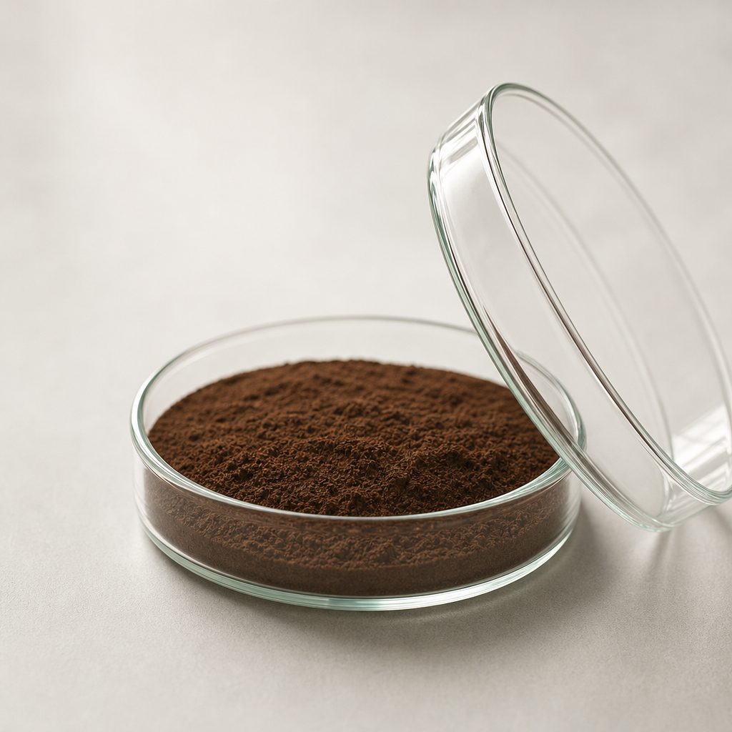 Cistanche extract powder in a glass dish with a second dish leaning against it