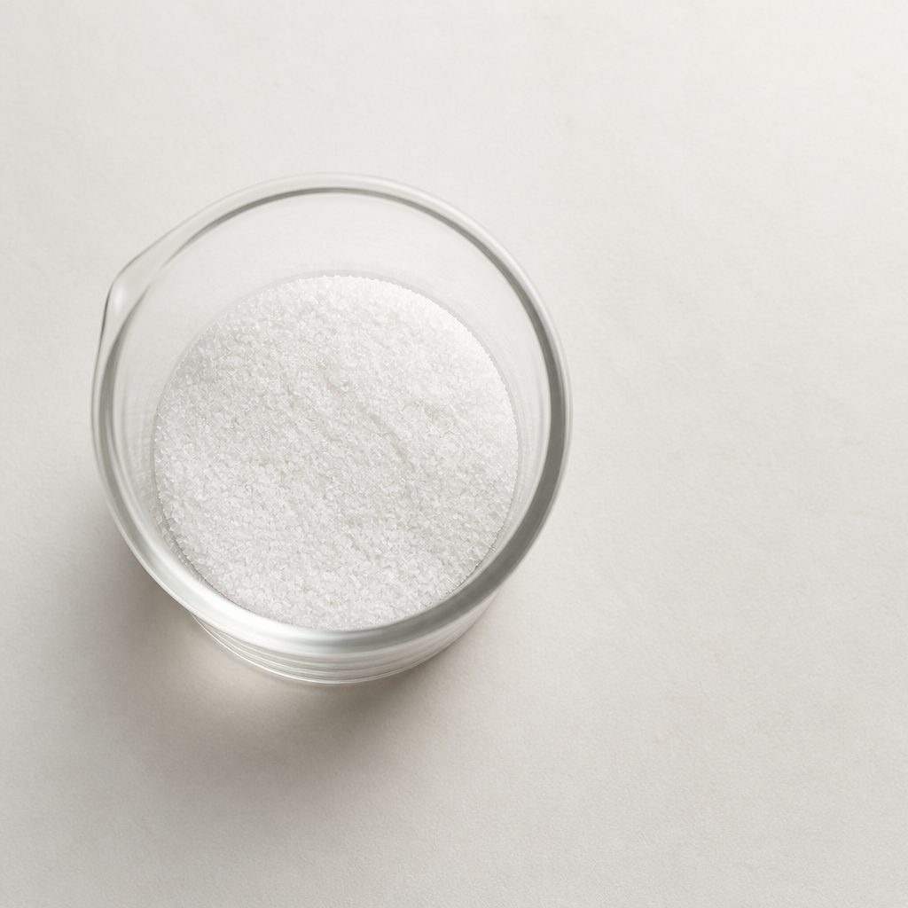Cordycepin powder in a glass beaker viewed from above