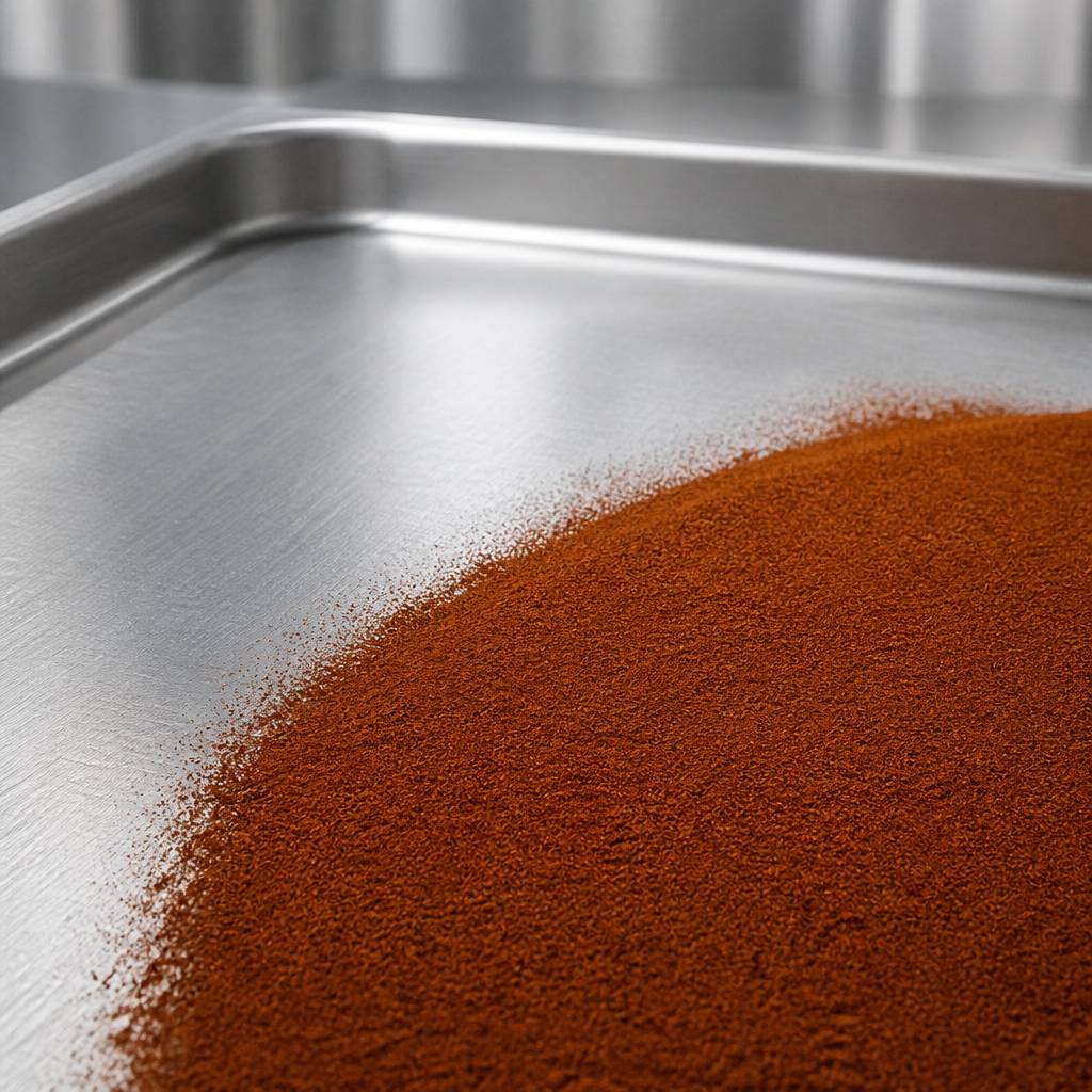 Crocetin powder swept across a stainless steel tray