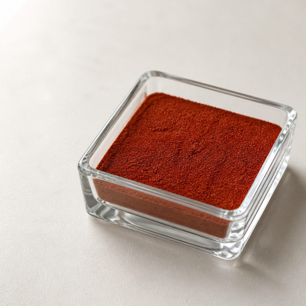 Crocetin powder in a small square glass dish