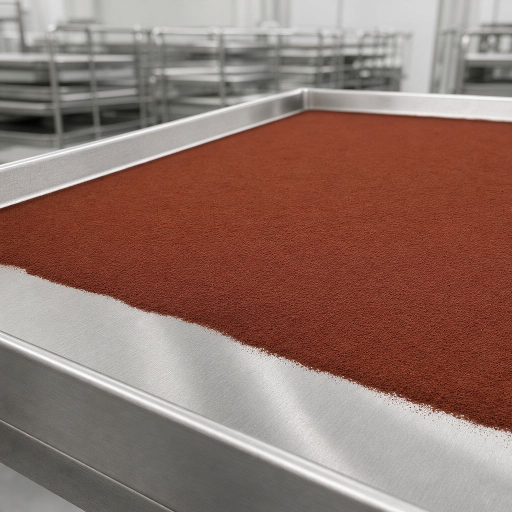 Cynomorium extract powder bed on a stainless steel drying tray