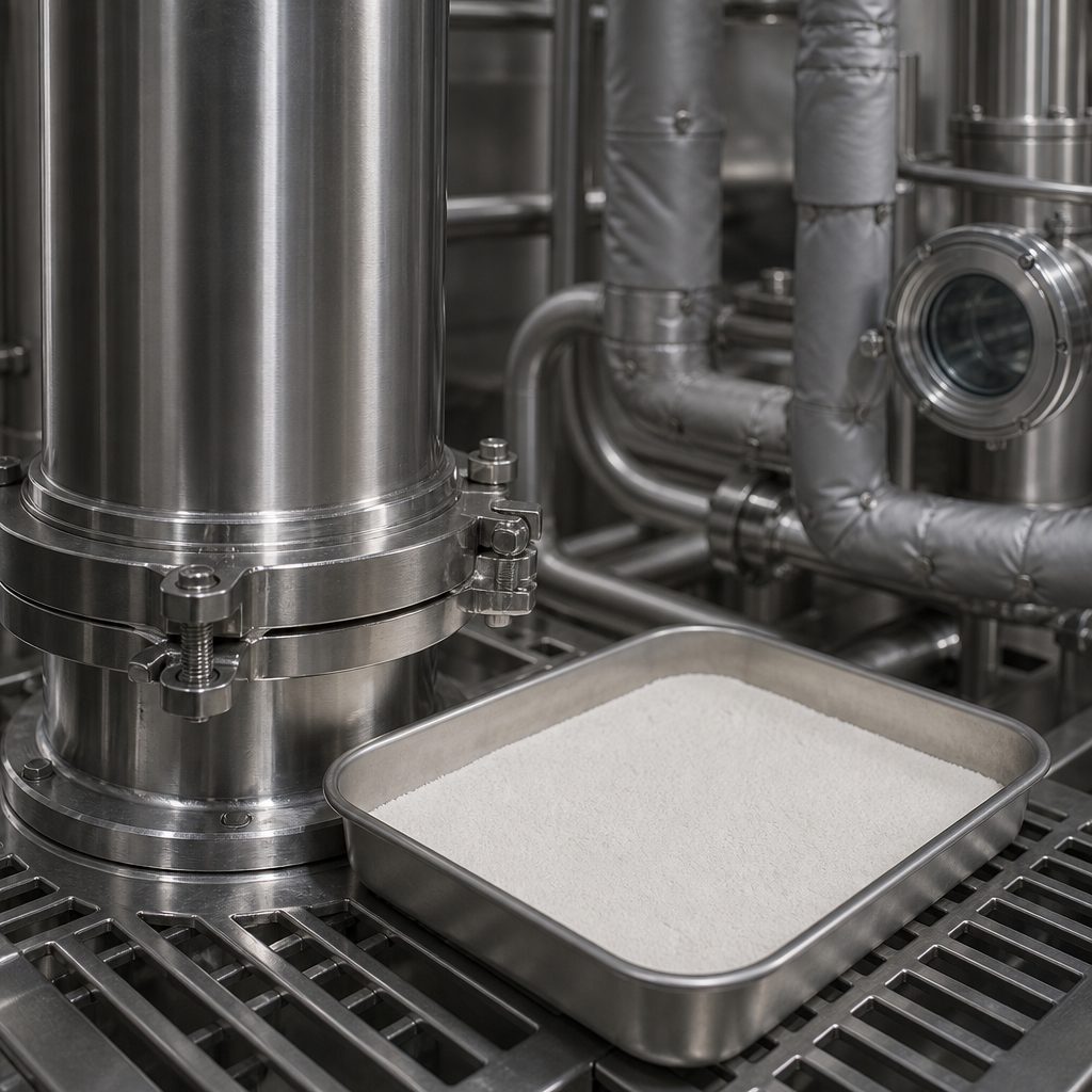 Matte white powder in a steel tray beside a stainless chromatography column skid