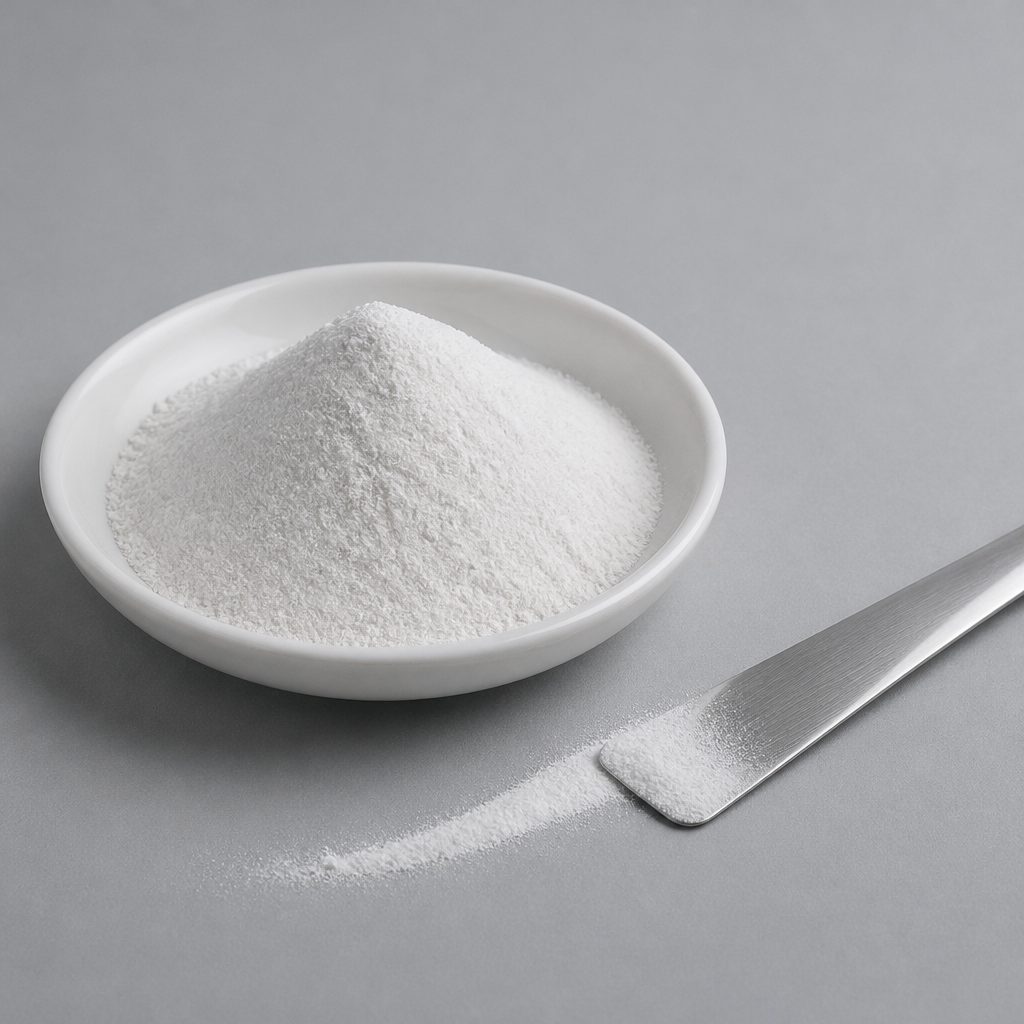 Matte white powder in a white dish beside a stainless spatula and a swept trail
