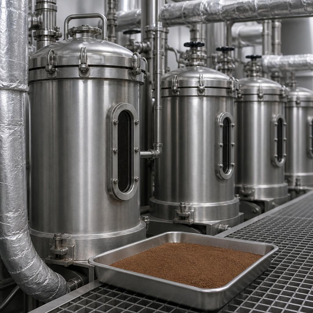 Powder tray beneath a row of stainless tea extraction vessels