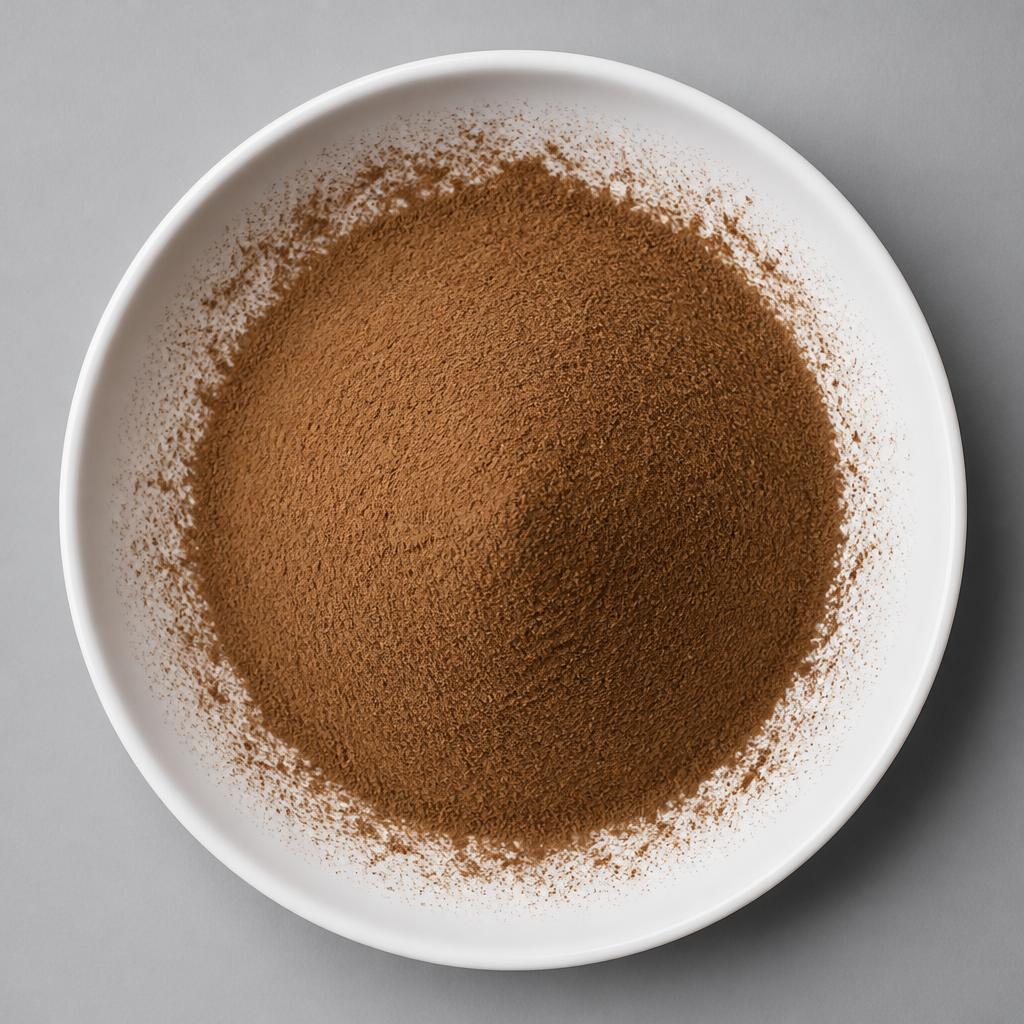 Medium-brown tea powder heaped in a white dish, overhead view