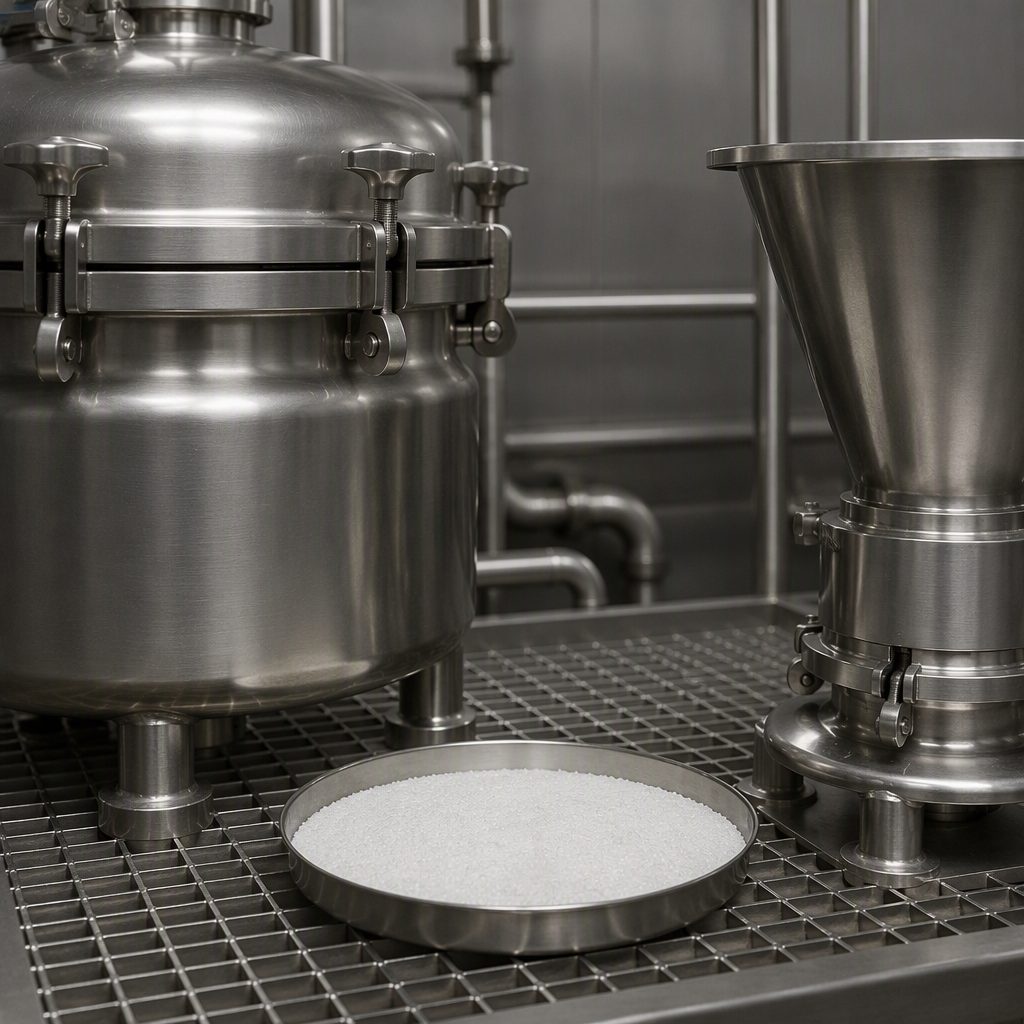White crystalline powder tray beside a stainless crystallisation vessel and filtration housing