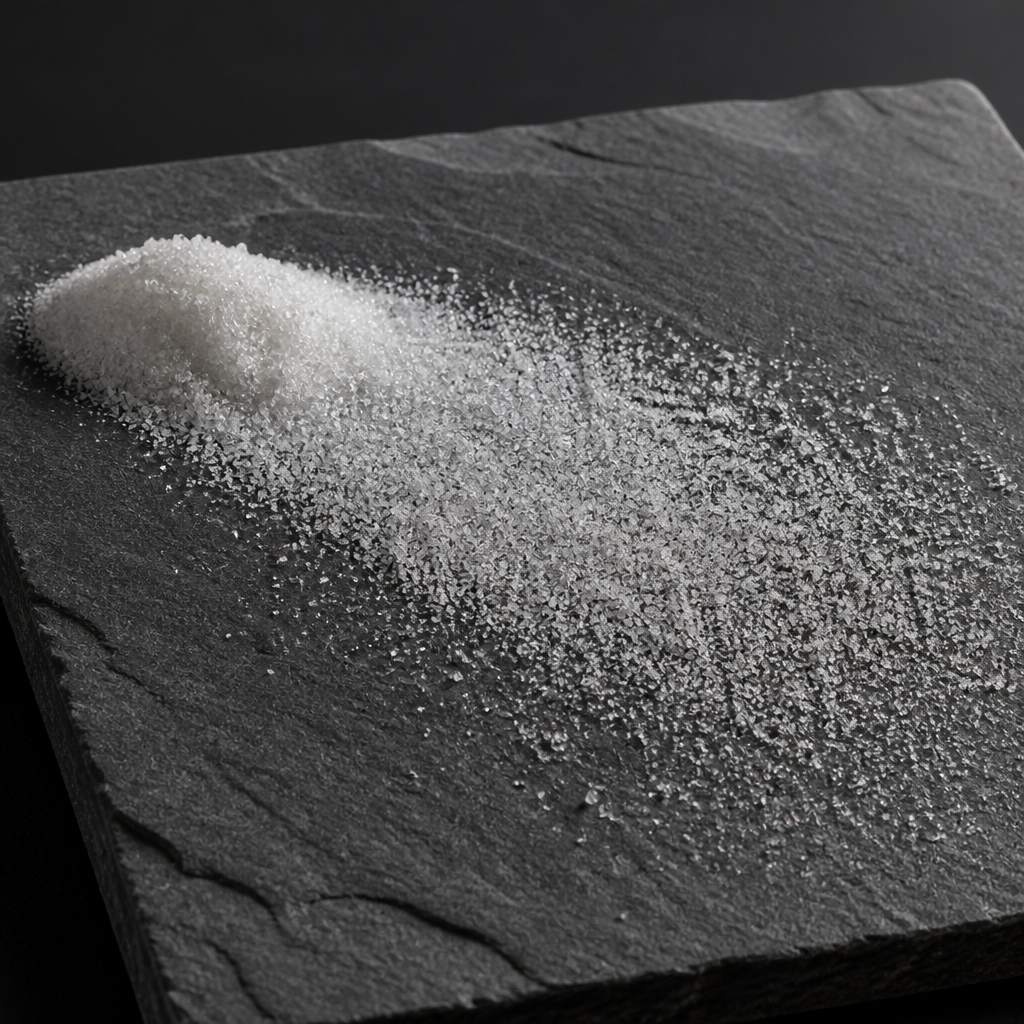 White crystals spread thin on a dark slate tile so the grains read as bright points