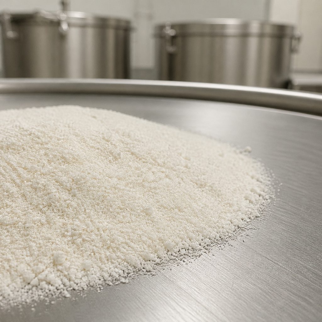 Dipotassium glycyrrhizate powder on a stainless steel drum top