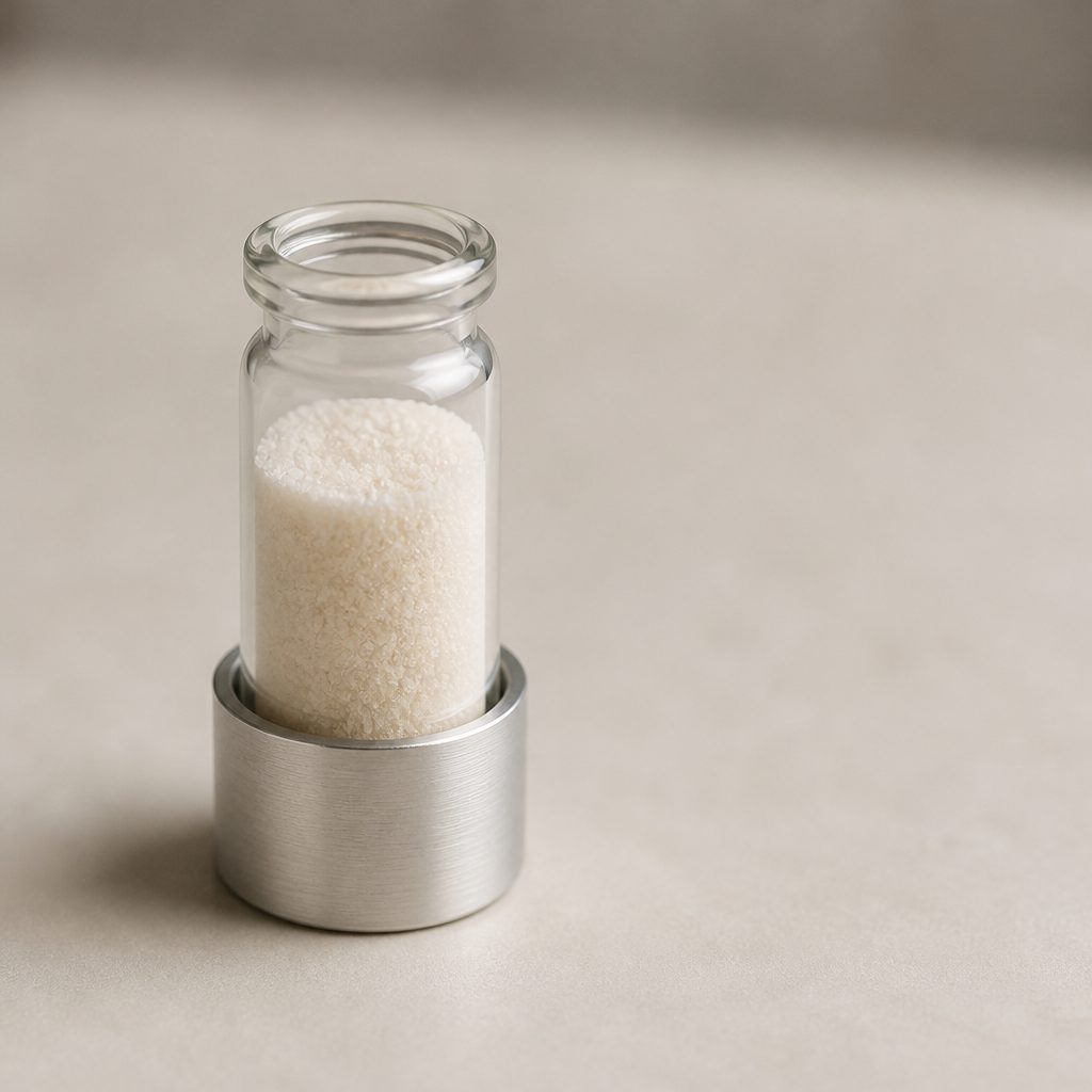 Dipotassium glycyrrhizate powder in a glass vial held in an aluminium holder