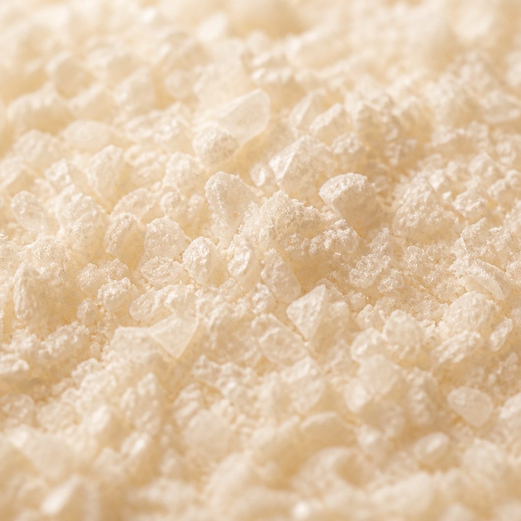 White to cream dipotassium glycyrrhizate crystals close-up