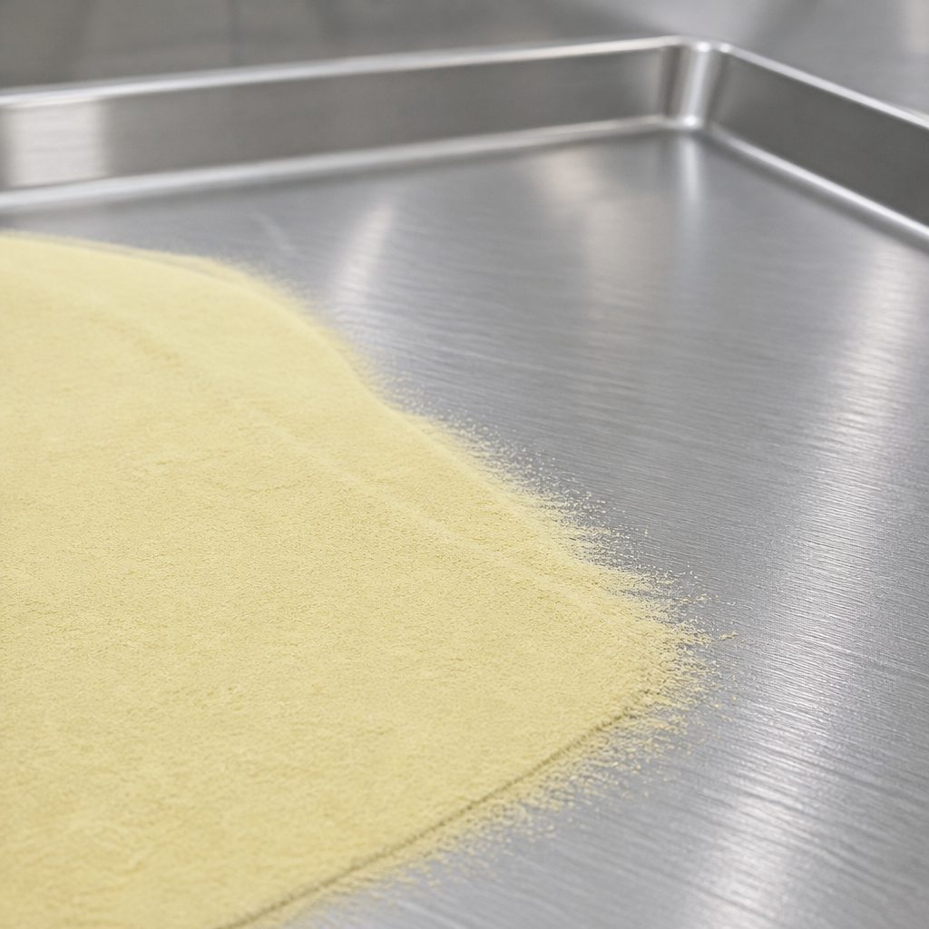 Lecithin powder swept across a stainless steel tray