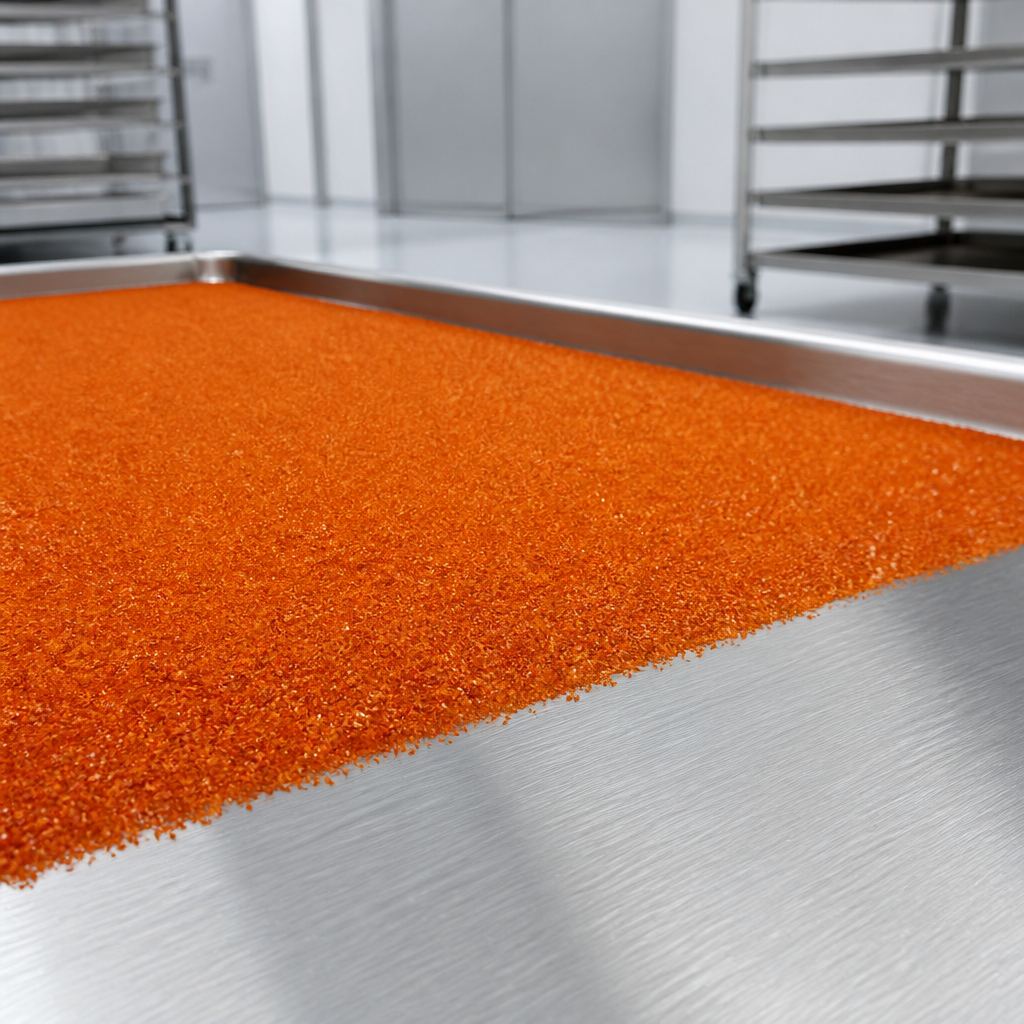 Emodin powder bed on a stainless steel drying tray