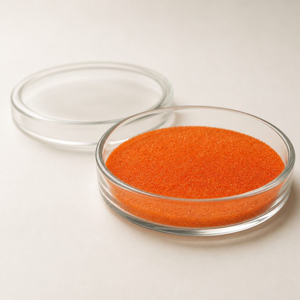 Emodin powder in a glass crystallising dish with its lid set aside