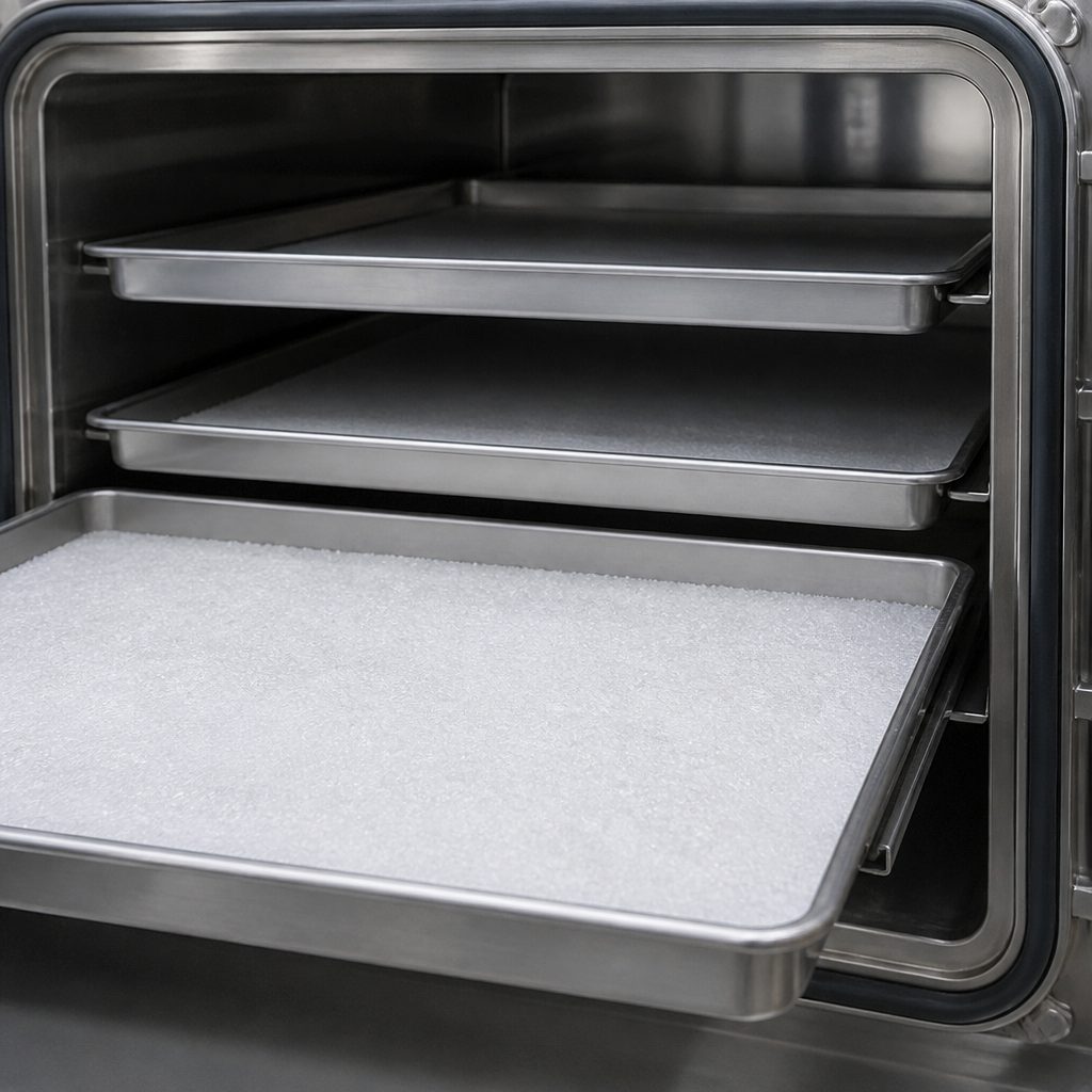 Tray of white crystalline powder on a shelf inside a stainless vacuum tray dryer