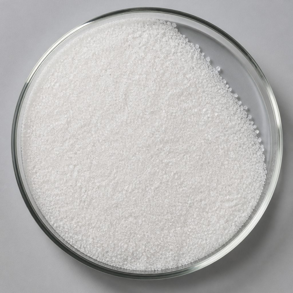 White crystals in a glass dish on a cool grey surface, steep top-down view