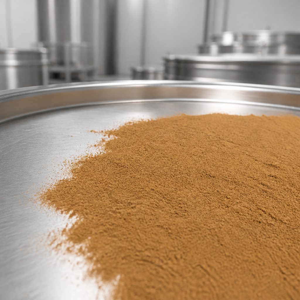 Fried malt extract powder on a stainless steel drum top