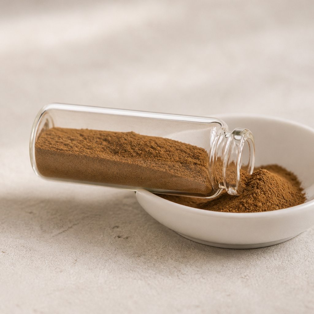 Fried malt extract powder in a glass vial lying across a white dish rim